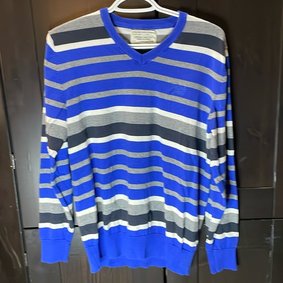 Jack & Jones Striped Sweater blue grey black White mens large V Neck 100% cotton - Picture 1 of 1